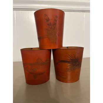 Handcrafted Leather Pint Glass Sleeves – Engraved with Fish & Fly Ties Designs